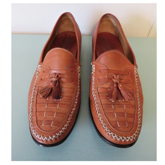 Johnson & Murphy 20-3322 Sheepskin Tassel Loafers 10M Cognac Woven Leather Shoes